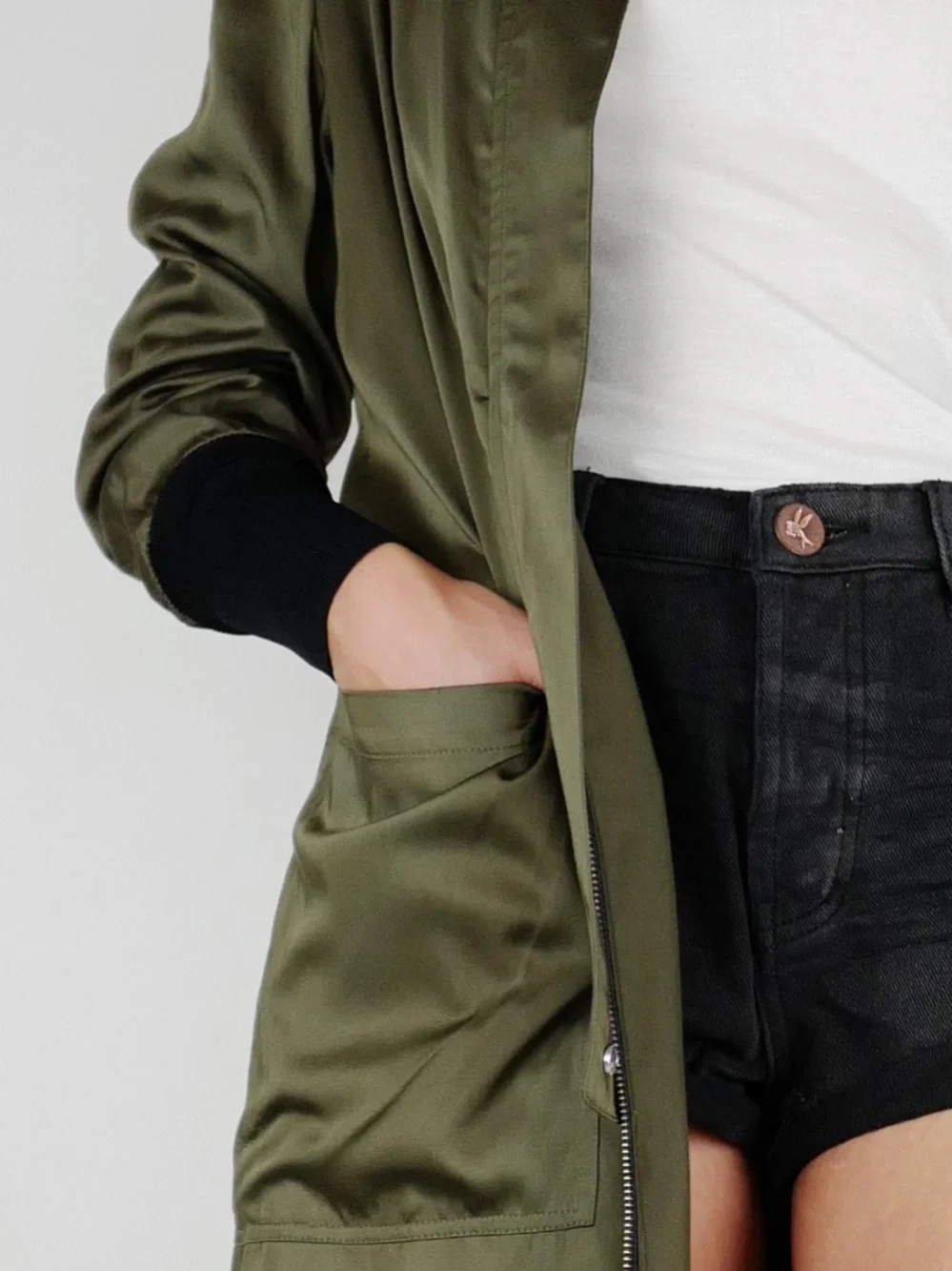 Soia & Kyo Bia Bonsai Long Bomber Two-Tone Olive and Black Coat L - Picture 3 of 16